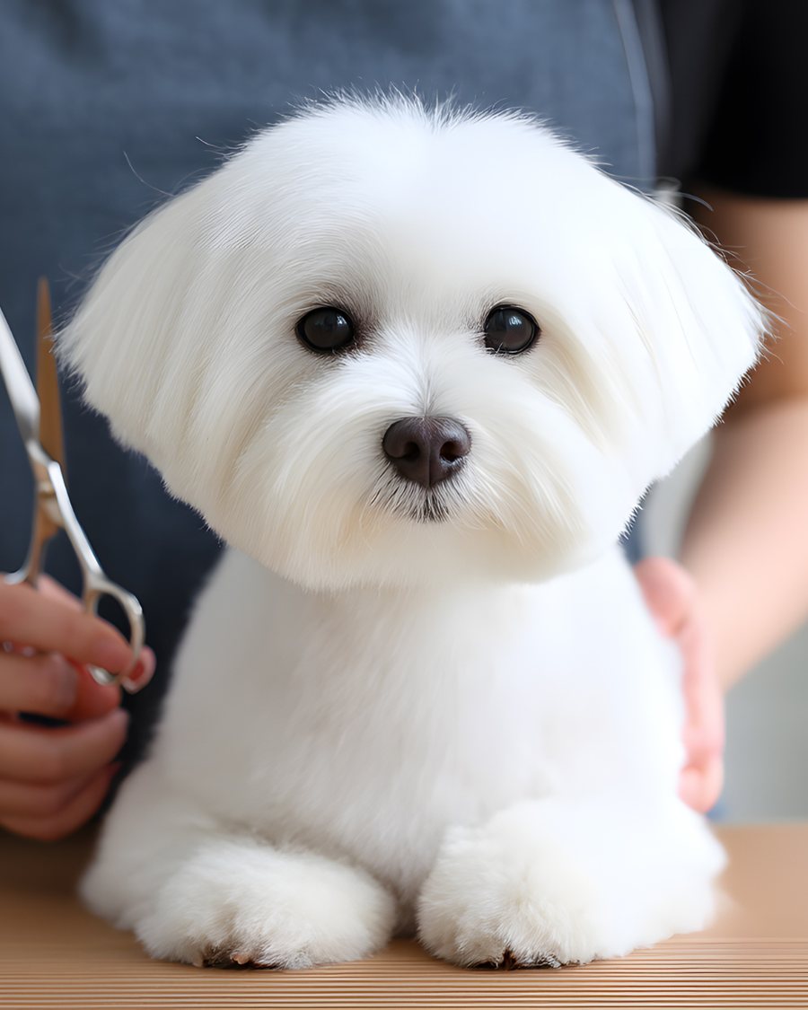 A freshly groomed white Maltese on the grooming table